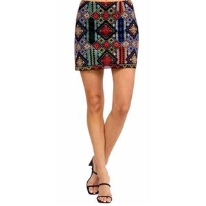 NWT Fate Multicolor Embroidered Patchwork Geometric Pattern Skirt
